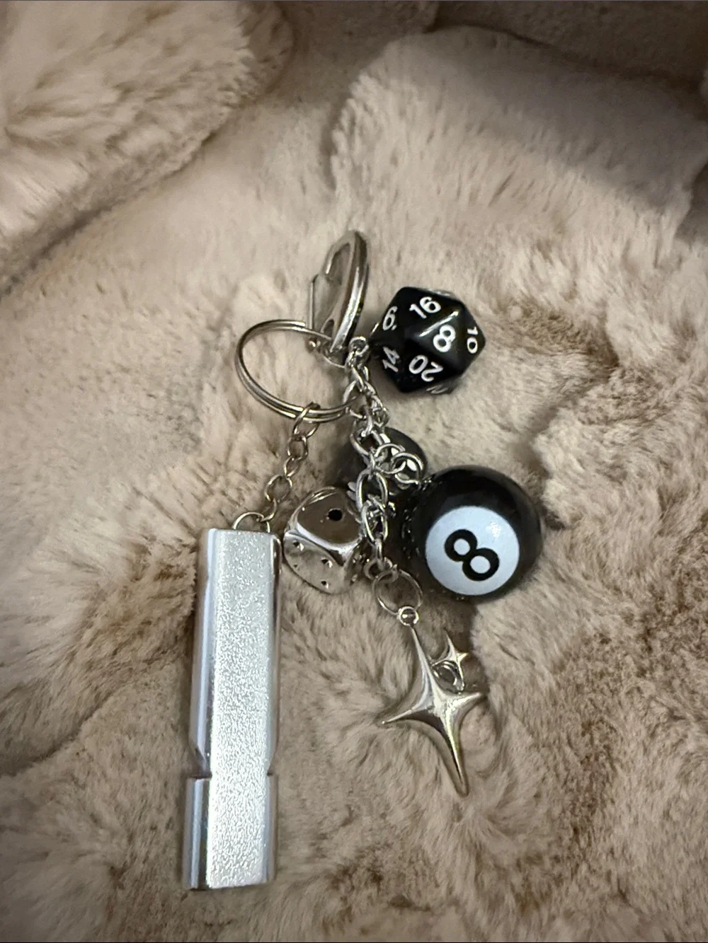 Keychain- Black and Silver Game Charm Keychain with whistle